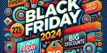 DALL·E 2024-10-29 13.35.38 – An image representing the Black Friday 2024 event, showcasing a bold and festive design with elements like shopping bags, discount tags, and electroni