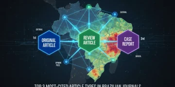Gráfico visualizando a análise de dados dos tipos de artigos mais citados em periódicos brasileiros, com destaque para as três categorias principais.