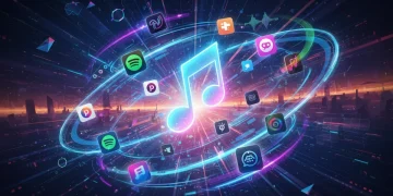 Ícones de aplicativos de música populares flutuando em um ambiente digital futurista, simbolizando a inovação e os novos recursos em 2026.