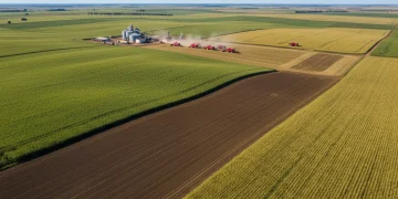 Vista aérea de vastos campos de grãos no Brasil, simbolizando a safra recorde de 2026.