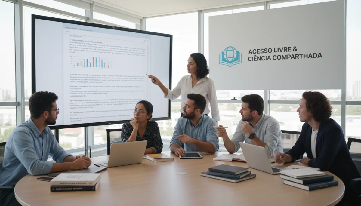 Pesquisadores brasileiros colaborando em artigo científico em ambiente digital, simbolizando o acesso aberto.
