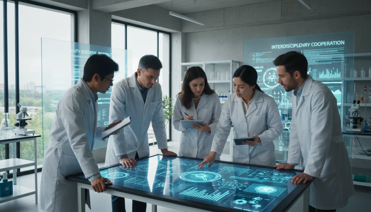 Grupo de pesquisadores diversos colaborando em laboratório moderno, discutindo dados para elevar a qualidade científica.