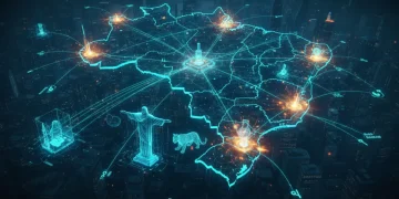 Crescimento tecnológico no Brasil com dados e conexões digitais.