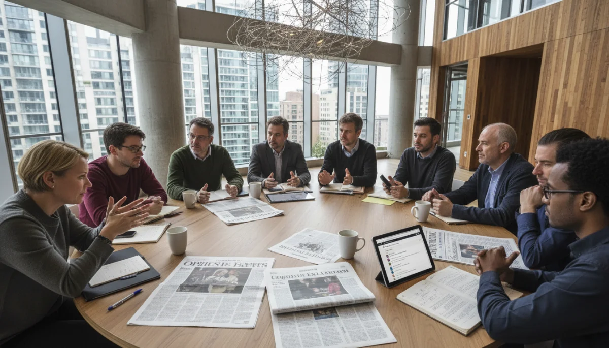 Pessoas diversas debatendo intensamente em uma mesa, com jornais e tablets, representando o impacto dos artigos de opinião no diálogo público.