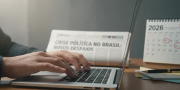 Mãos digitando em um laptop com notícias políticas brasileiras ao fundo, simbolizando a escrita de artigos de opinião para 2026.