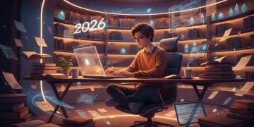 Pessoa escrevendo artigo em português com foco e dedicação para publicação em 2026.