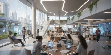 Estudantes universitários pesquisando e lendo em uma biblioteca moderna, simbolizando o impacto da nova lei de incentivo à leitura de 2026 na produção acadêmica brasileira.
