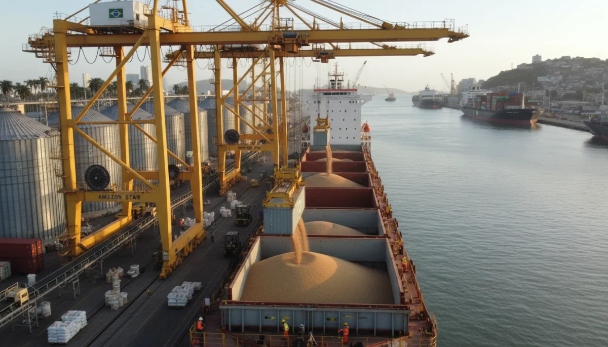 Navio cargueiro sendo carregado com grãos em um porto brasileiro, destacando os desafios da exportação.