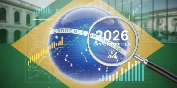 Bandeira do Brasil estilizada com gráficos científicos, representando o financiamento para pesquisa e publicação de artigos no país em 2026.
