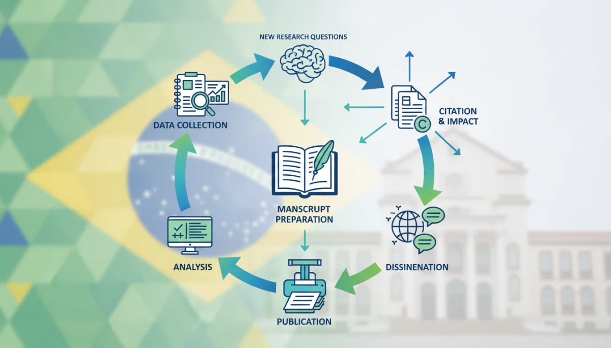 Fluxo de pesquisa ilustrando a jornada de um artigo desde a concepção até a citação em periódicos científicos.