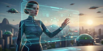 Pesquisadora brasileira usando inteligência artificial para revisar artigos científicos, com gráficos e análise de texto em tela.