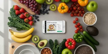 Ingredientes frescos e um smartphone exibindo um aplicativo de receitas, simbolizando a facilidade no planejamento de refeições saudáveis.