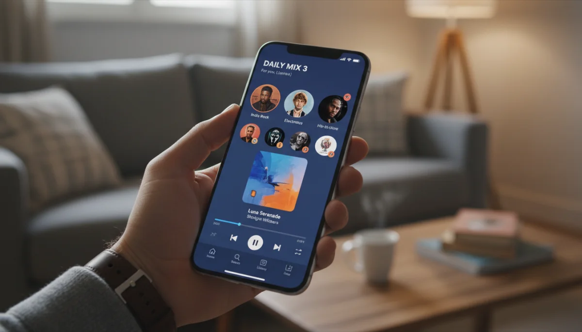 Mão segurando um smartphone com aplicativo de música exibindo playlist personalizada e recomendações inteligentes.