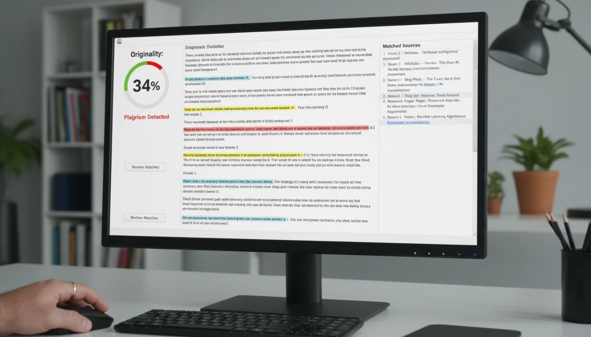 Interface de software de detecção de plágio exibindo trechos de texto destacados e porcentagem de originalidade, auxiliando na verificação de artigos científicos.