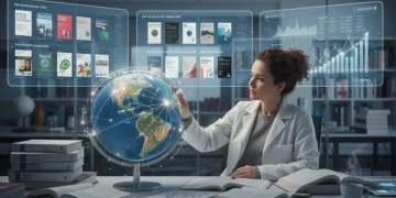Pesquisador brasileiro examinando um globo, com artigos científicos e telas digitais, representando a internacionalização da ciência.