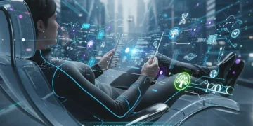 Pessoa lendo em tablet futurista com aplicativos inovadores em 2026.