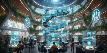 Pesquisadores colaborando em um centro de pesquisa futurista no Brasil, com telas digitais e elementos de inteligência artificial, simbolizando as tendências de publicação científica.