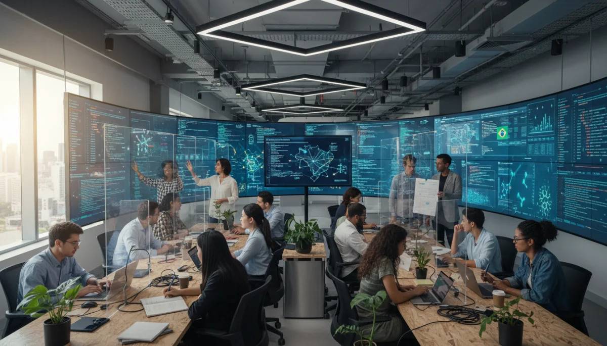 Pesquisadores brasileiros colaborando em laboratório de tecnologia.