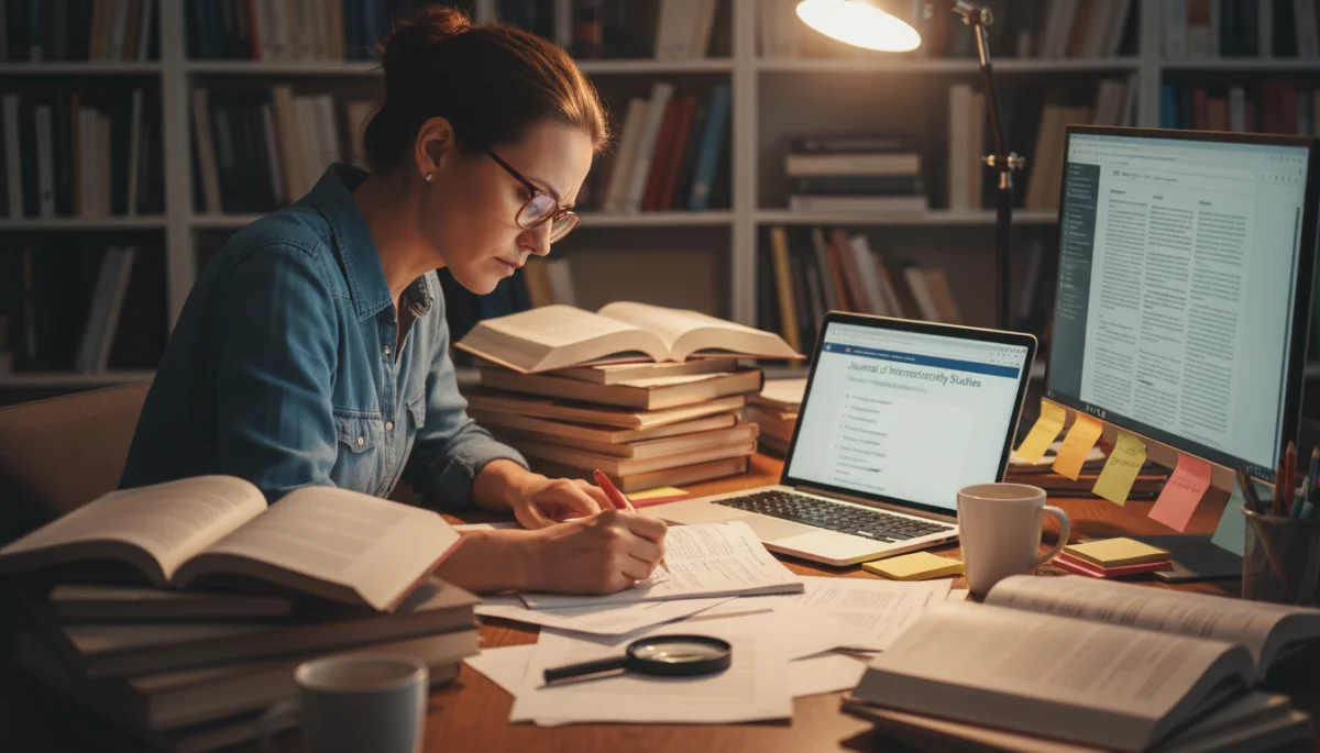 Pesquisador analisando artigos e diretrizes de submissão para publicação em revistas científicas.