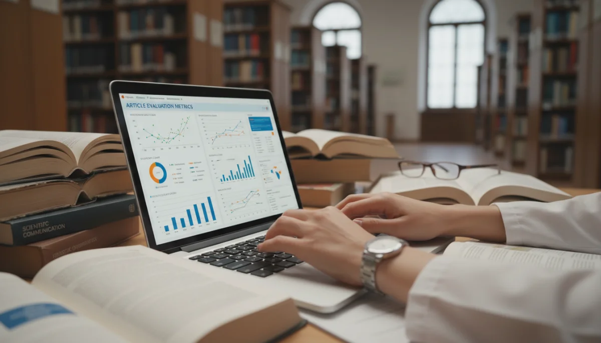 Pesquisador analisando dados e métricas de artigos científicos em um laptop, em um ambiente acadêmico.