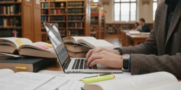 Mãos de pesquisador digitando em laptop com artigos científicos, representando a produção e avaliação na pós-graduação brasileira em 2026.