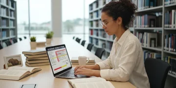 Pesquisadora brasileira utilizando software anti-plágio em seu laptop, em um ambiente de biblioteca moderna, exemplificando a prevenção de plágio em artigos científicos.