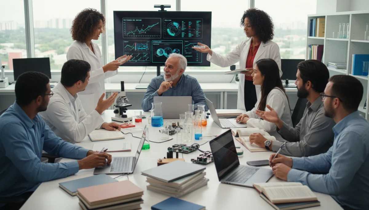 Grupo de pesquisadores brasileiros colaborando em laboratório, discutindo dados e promovendo a integridade na pesquisa.