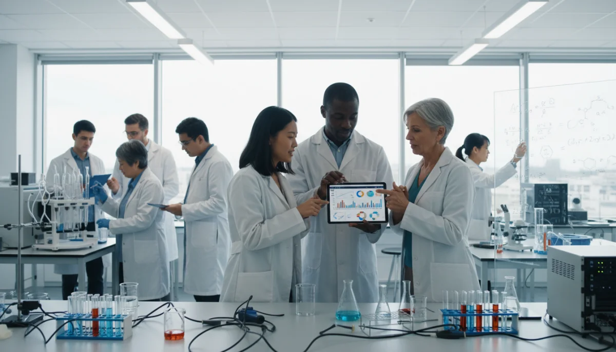 Pesquisadores colaborando em laboratório moderno, discutindo dados e resultados de pesquisas, simbolizando o impacto do financiamento.