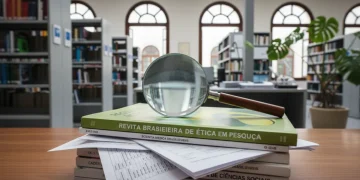 Pilha de periódicos científicos com uma lupa, simbolizando a revisão ética e as novas diretrizes para publicações no Brasil.