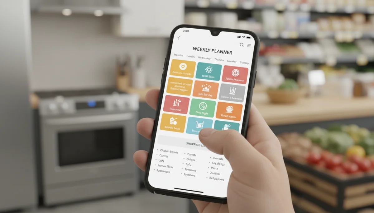 Mão utilizando um smartphone para planejar refeições semanais em um aplicativo, destacando a organização e praticidade.