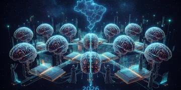 Rede digital de conhecimento científico interligando pesquisadores e artigos no Brasil em 2026.