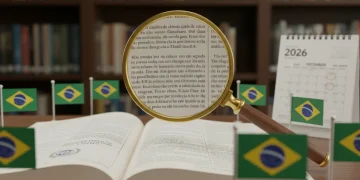 Revistas acadêmicas brasileiras abertas com lupa e detalhes do Brasil, representando a publicação de artigos em 2026.