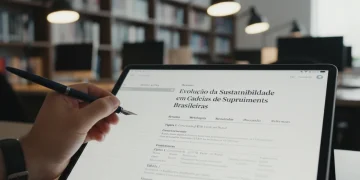 Tablet com artigo científico brasileiro e mão escrevendo, simbolizando plataformas de periódicos.