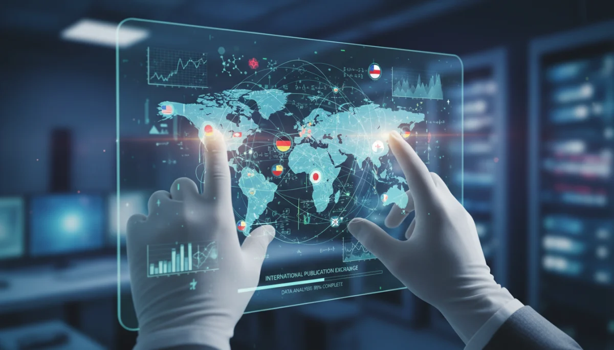 Mãos de pesquisador interagindo com interface holográfica mostrando dados científicos e redes de colaboração global, destacando a tecnologia na publicação.