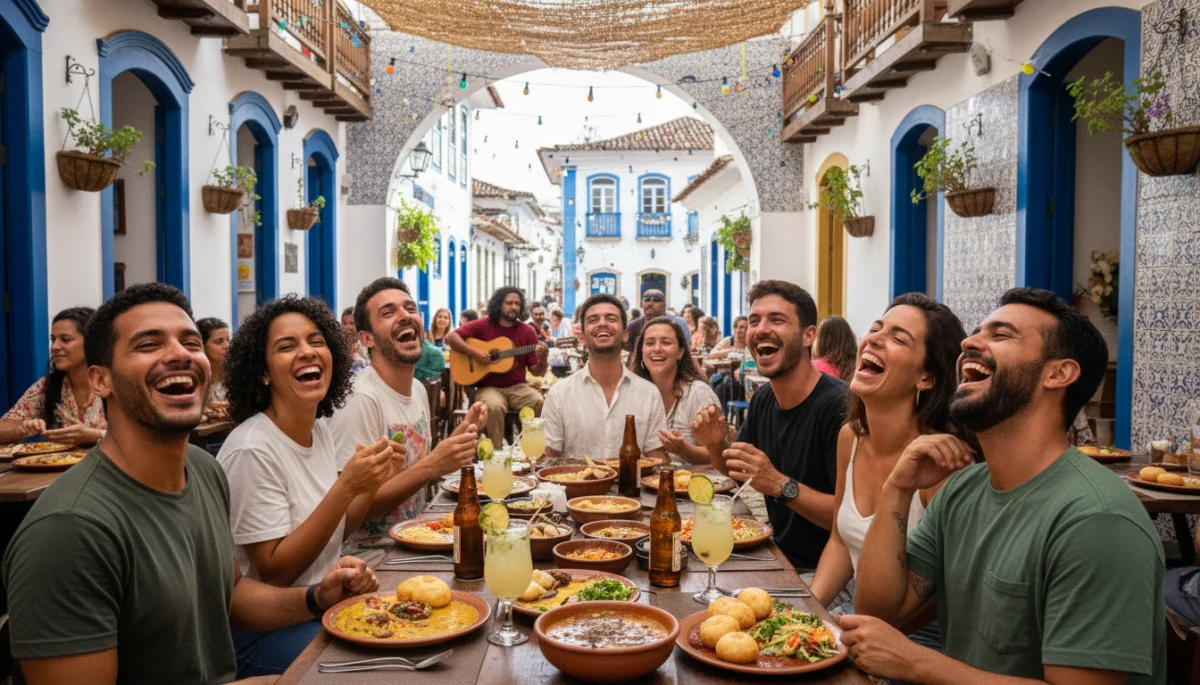 Amigos desfrutando de refeição tradicional em cidade histórica brasileira, destacando o turismo gastronômico e cultural.