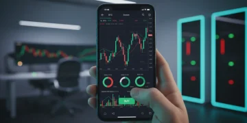 Tela de smartphone exibindo um aplicativo de criptomoedas com gráficos e moedas digitais.
