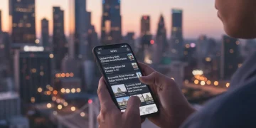 Pessoa usando um smartphone com aplicativo de notícias e manchetes sobre políticas, com fundo de cidade ao anoitecer.
