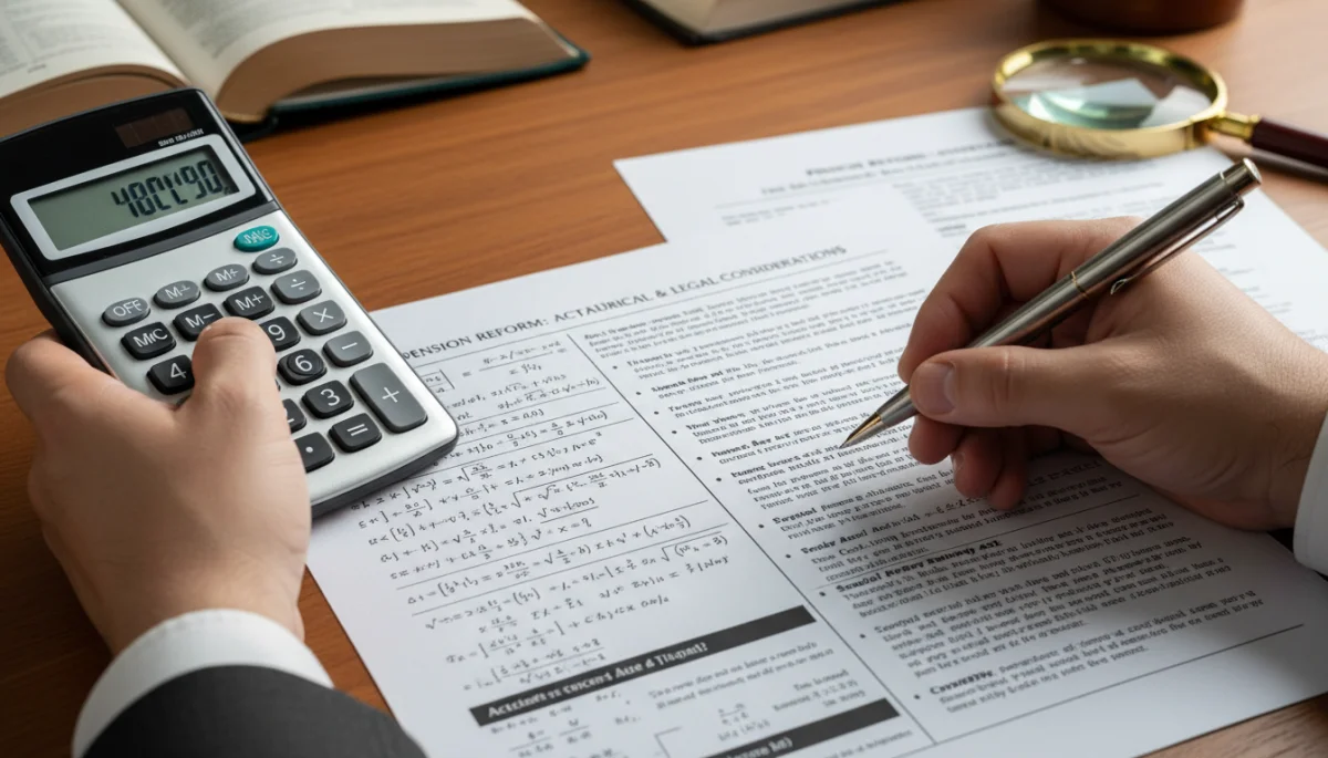 Mãos calculando benefícios previdenciários e analisando documentos legais sobre reformas da previdência.