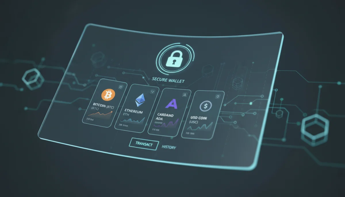 Carteira digital segura para criptomoedas com ícone de cadeado.