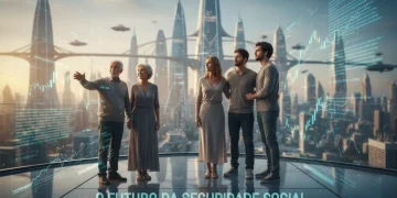 Família brasileira de diferentes gerações planejando o futuro da aposentadoria com reformas da Previdência Social 2026 ao fundo.