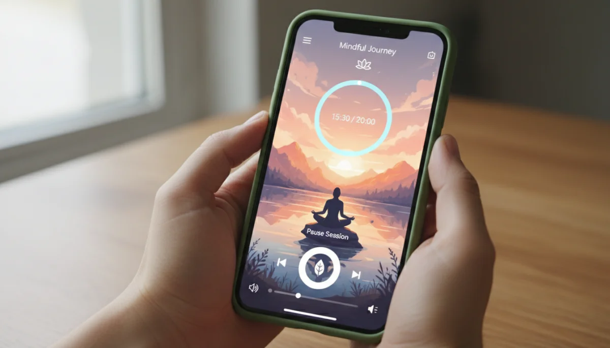 Interface de aplicativo de meditação com sessão guiada, exibindo barra de progresso e imagens relaxantes.