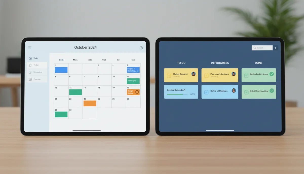 Comparativo de interfaces de aplicativos de organização de tarefas em um tablet, exibindo diferentes funcionalidades e modos de visualização.