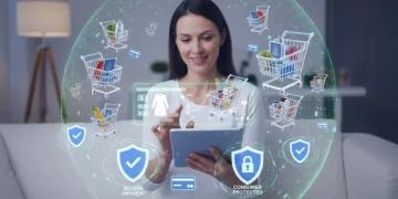 Mulher fazendo compras online de forma segura em um tablet, com ícones de proteção ao consumidor e segurança digital flutuando ao redor.