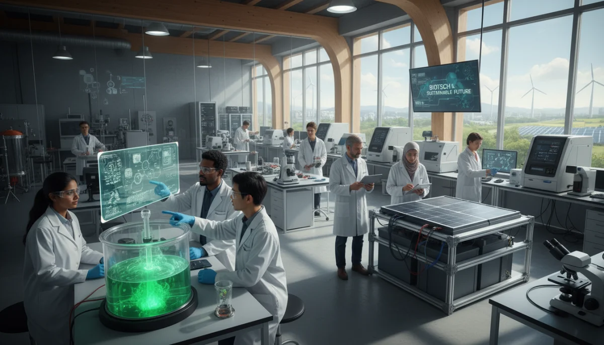 Cientistas e engenheiros colaborando em laboratório moderno, focando em biotecnologia e energia sustentável.