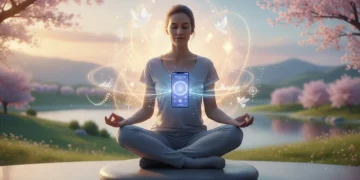Pessoa meditando em posição de lótus, usando um aplicativo de meditação no smartphone para reduzir o estresse.