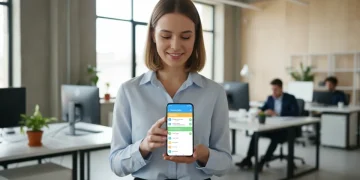 Pessoa utilizando um aplicativo gratuito de organização de tarefas em seu smartphone, com uma lista de afazeres bem estruturada e marcadores de conclusão.