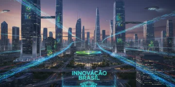Panorama de cidade futurista com redes digitais, simbolizando tecnologia e investimento governamental no Brasil.