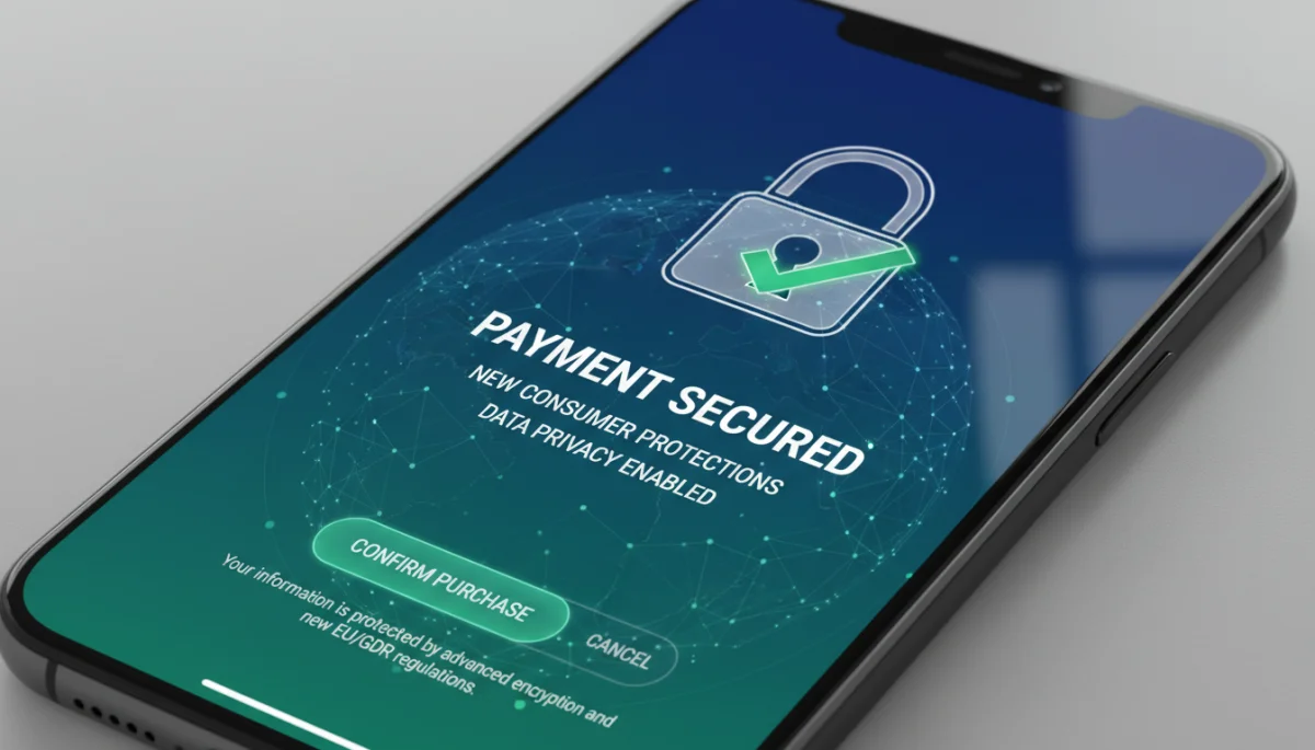 Tela de smartphone mostrando uma transação online segura com cadeado e visto verde, representando a proteção de dados e pagamentos.
