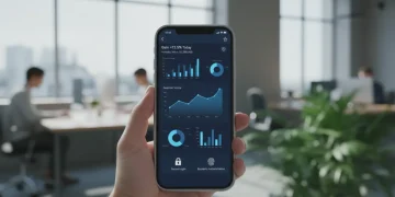 Tela de smartphone exibindo aplicativo de investimentos com gráficos e dados financeiros, representando segurança e controle.
