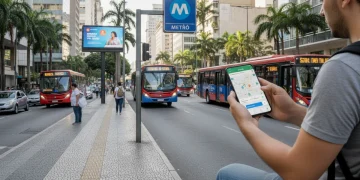 Pessoa usando aplicativo de transporte público em cidade brasileira, com ônibus e metrô ao fundo